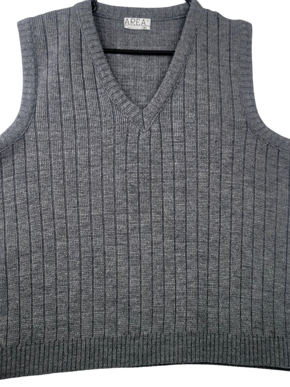 Area Mens Ribbed Knit Sweater Vest L Gray V Neck Academia Capsule Preppy Layers